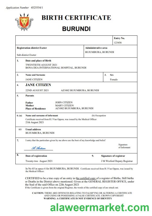 Burundi vital record birth certificate Word and PDF template